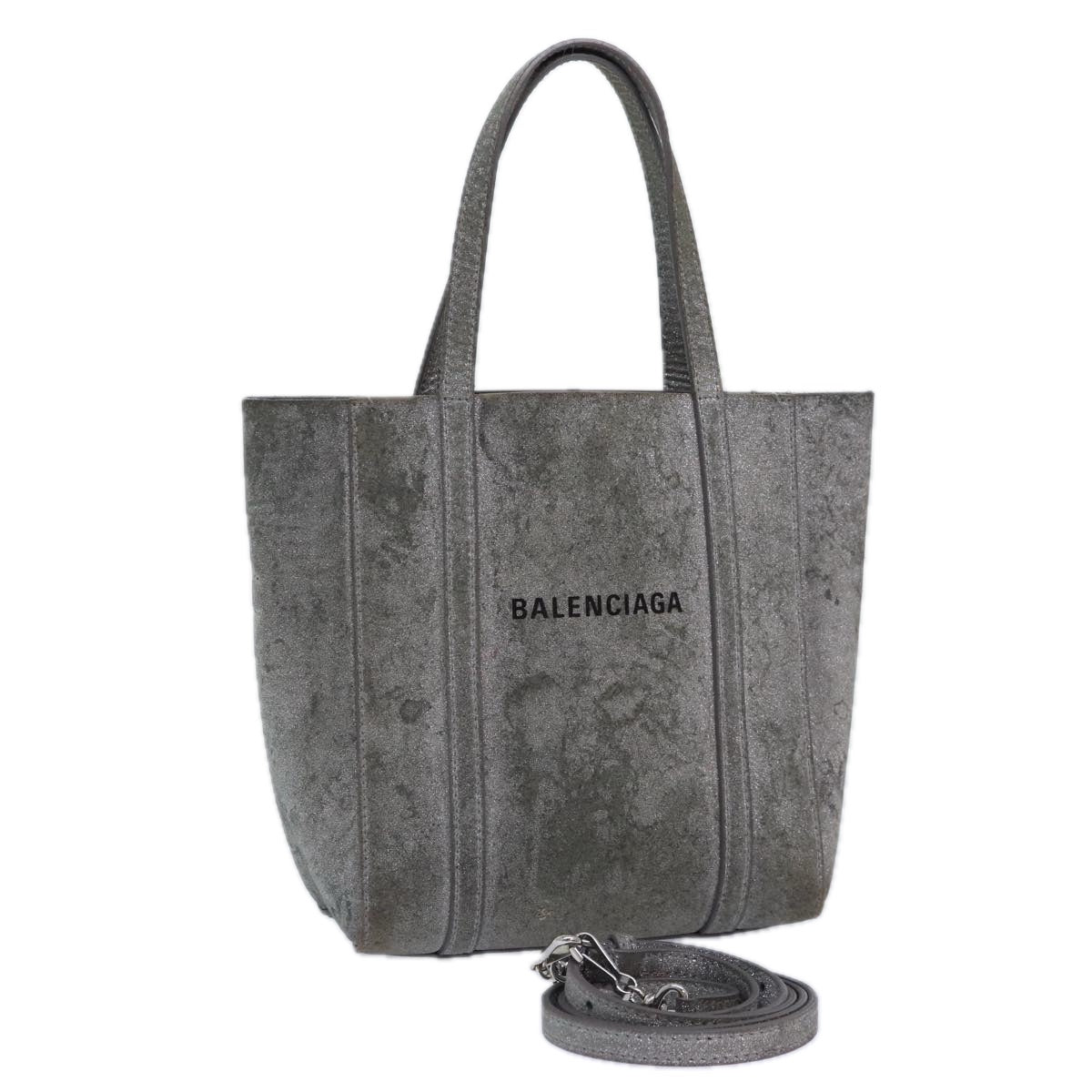 BALENCIAGA Everyday Tote XXS Hand Bag Leather 2way Silver Silver Auth 87205