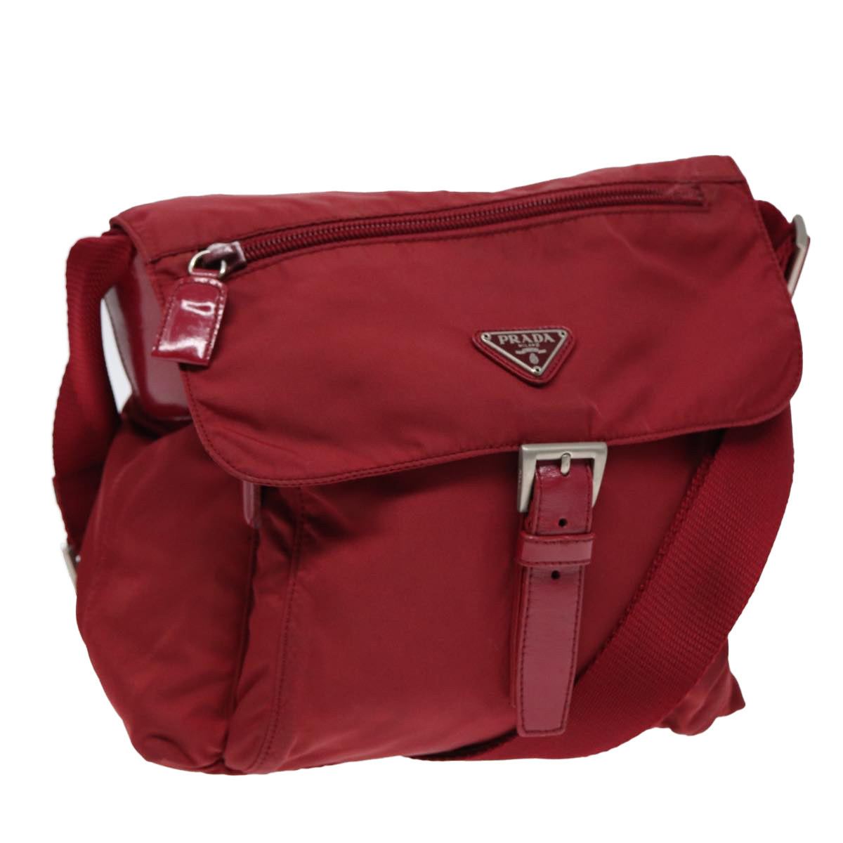 PRADA Shoulder Bag Nylon Red Silver Auth 87219