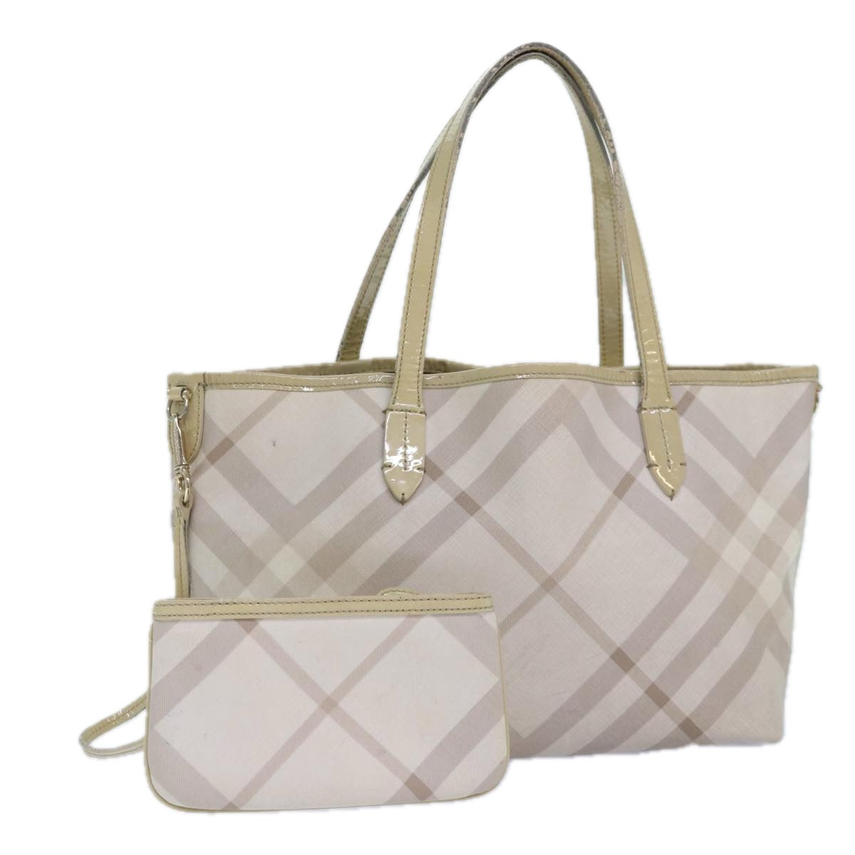 BURBERRY Nova Check Tote Bag PVC White Silver Auth 87223