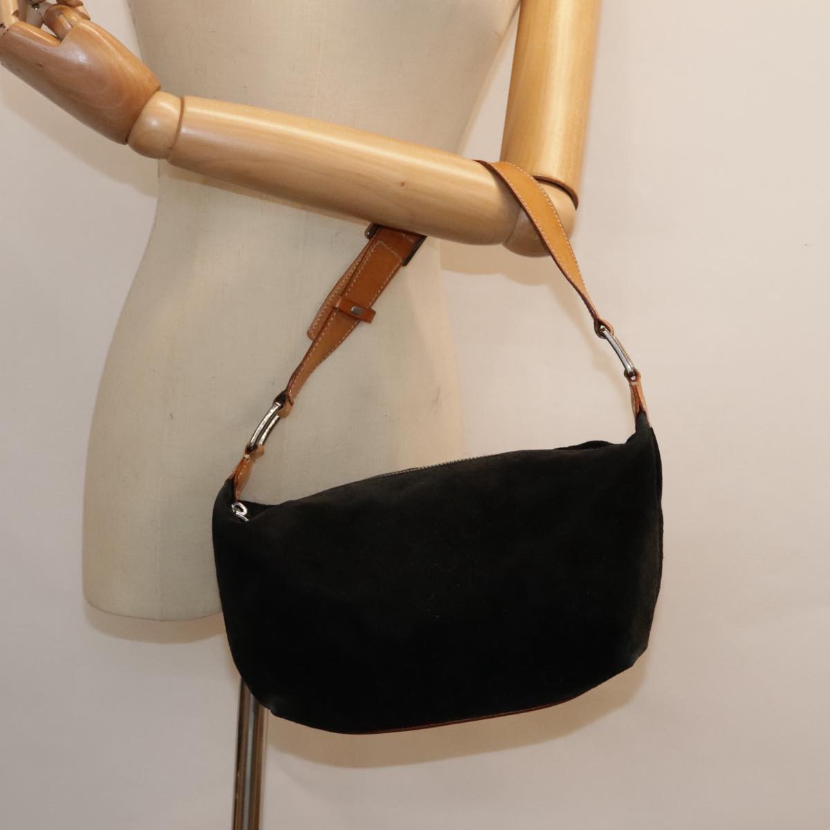 CELINE C Macadam Canvas Shoulder Bag Suede Black Auth 87228