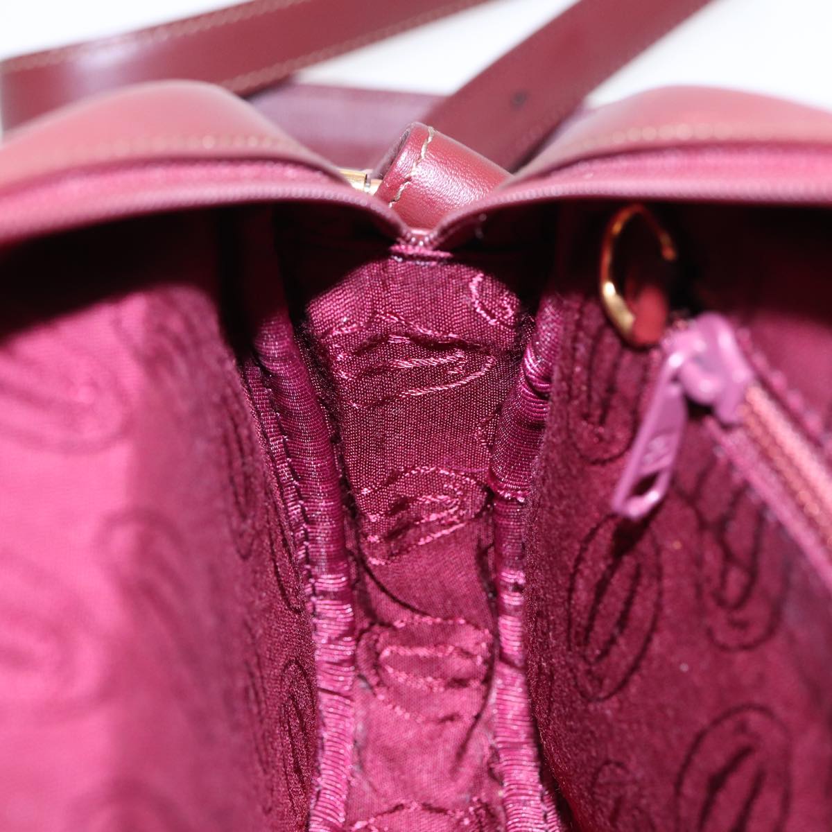 CARTIER Shoulder Bag Leather Bordeaux Gold Auth 87245