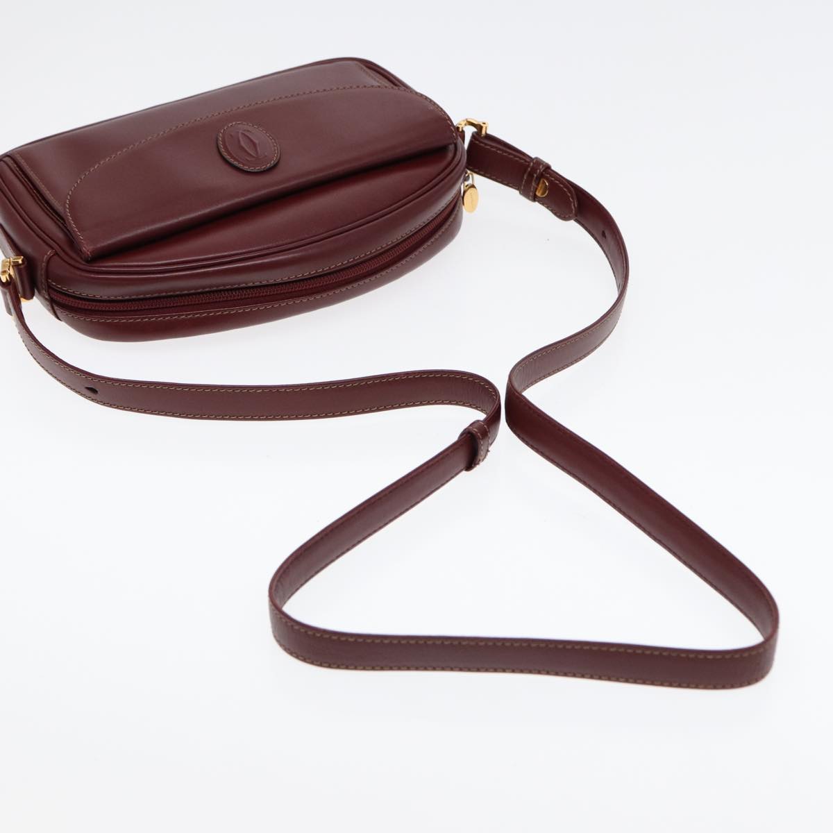 CARTIER Shoulder Bag Leather Bordeaux Gold Auth 87245