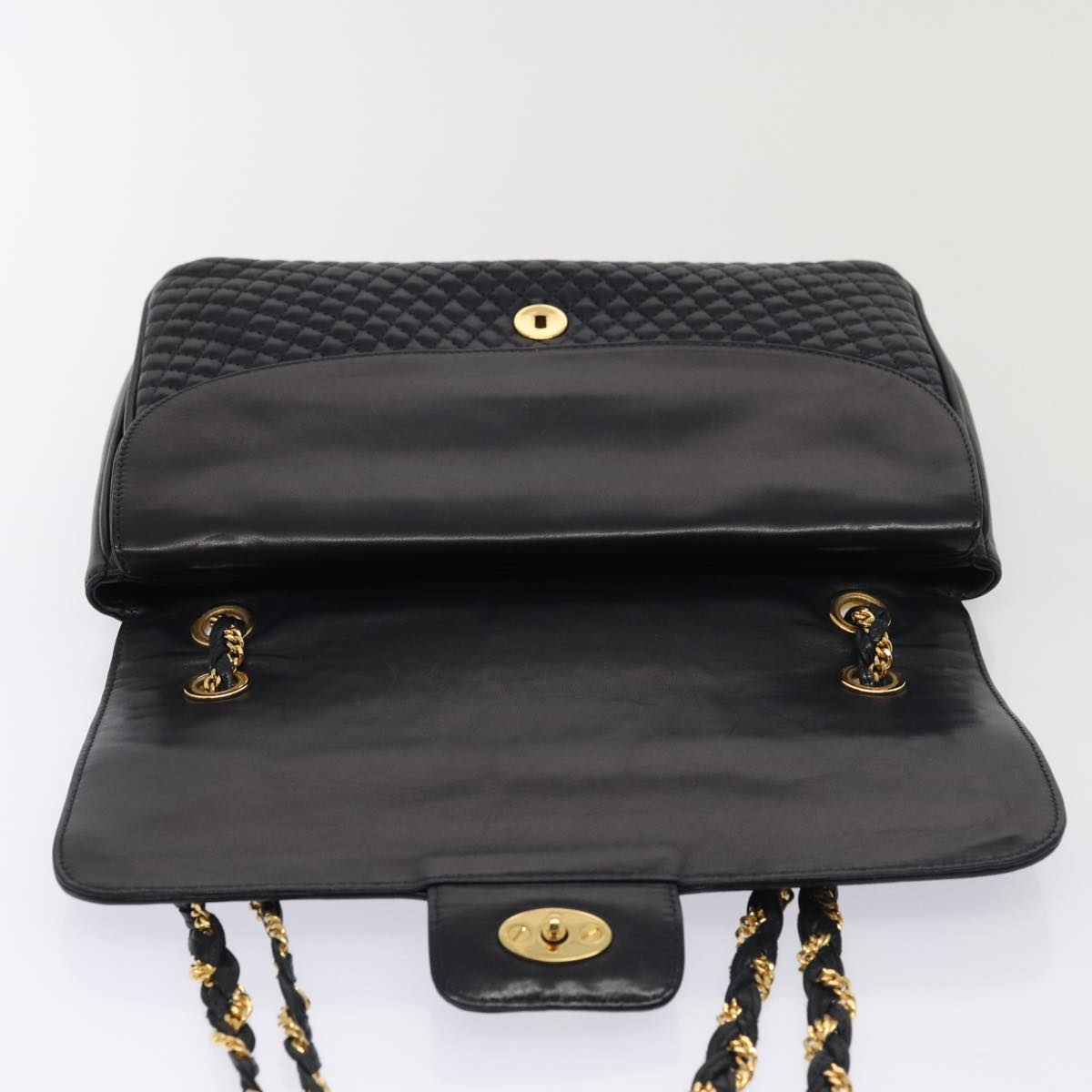 BALLY Chain Shoulder Bag Leather Navy Gold Auth 87253