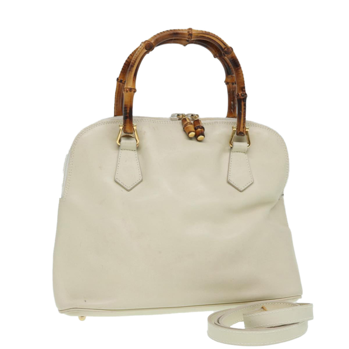 GUCCI Bamboo Hand Bag Leather 2way Cream Gold 000 2296 0290 Auth 87257