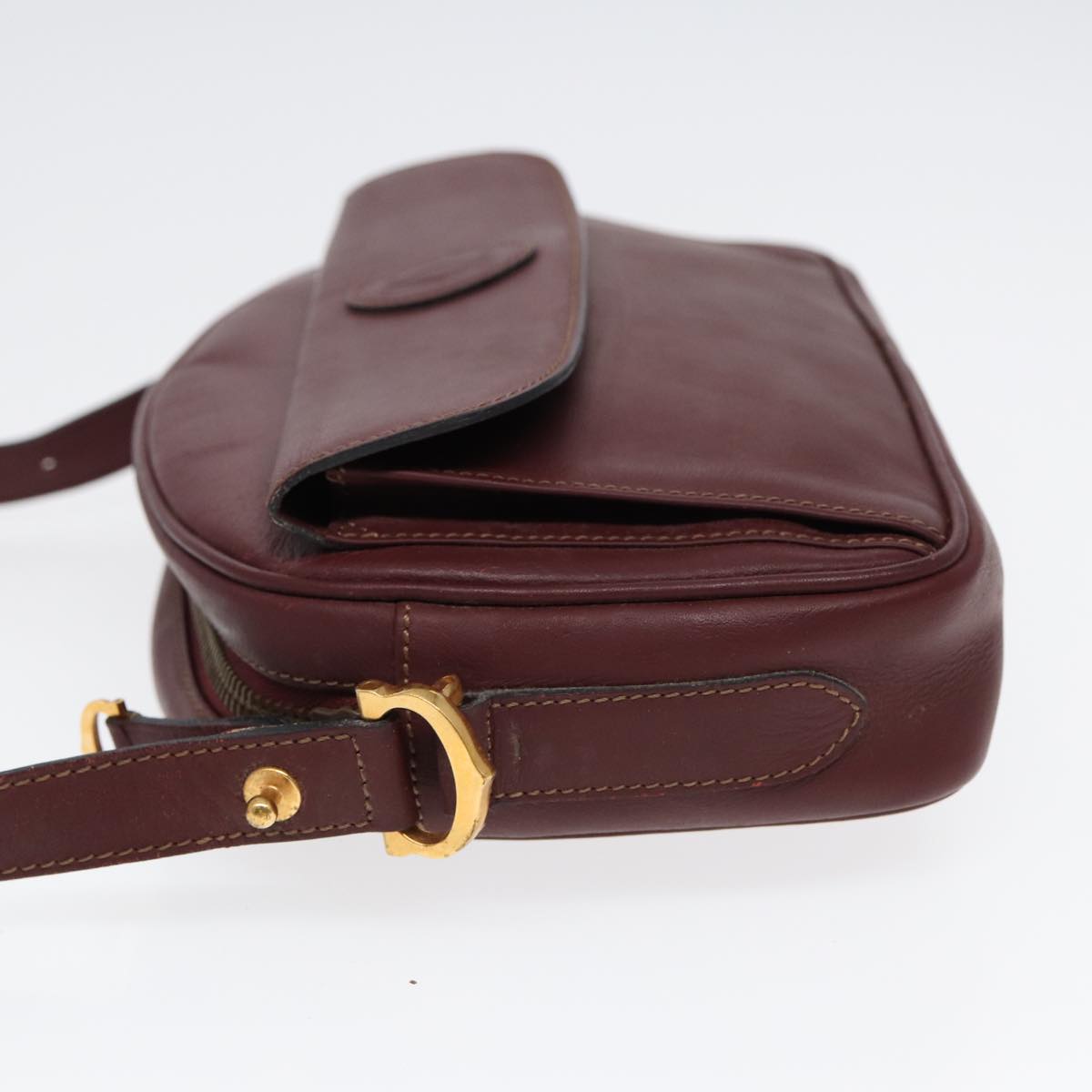 CARTIER Shoulder Bag Leather Bordeaux Gold Auth 87277