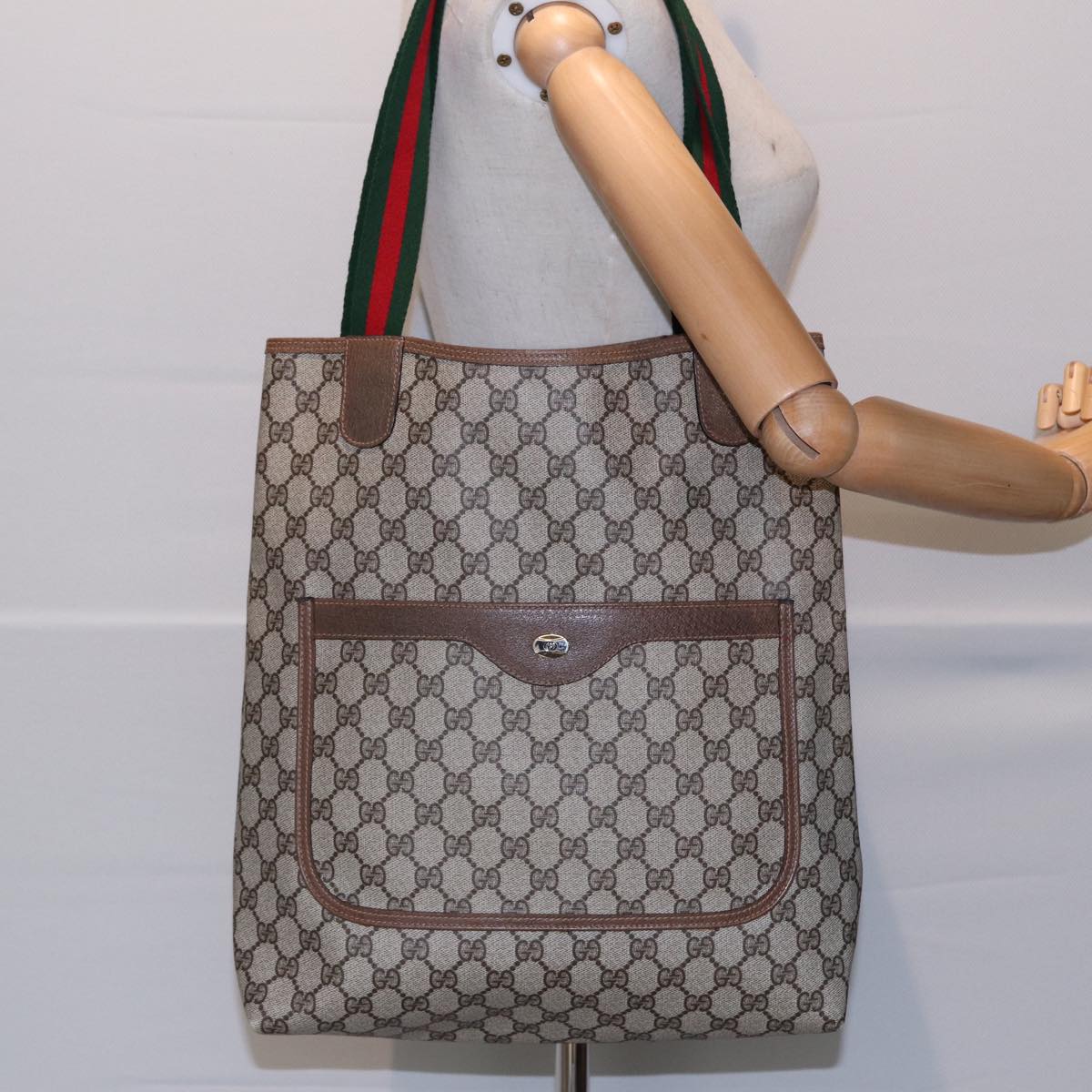 GUCCI GG Supreme Web Sherry Line Tote Bag PVC Leather Beige 39 02 003 Auth 87281