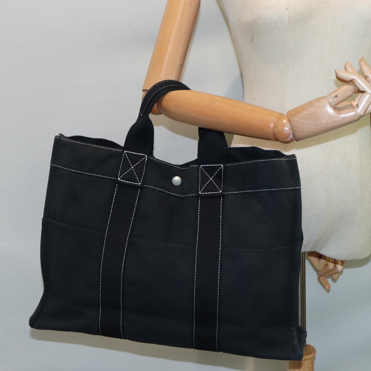 HERMES Deauville Tote Bag Canvas Black Silver Auth 87285