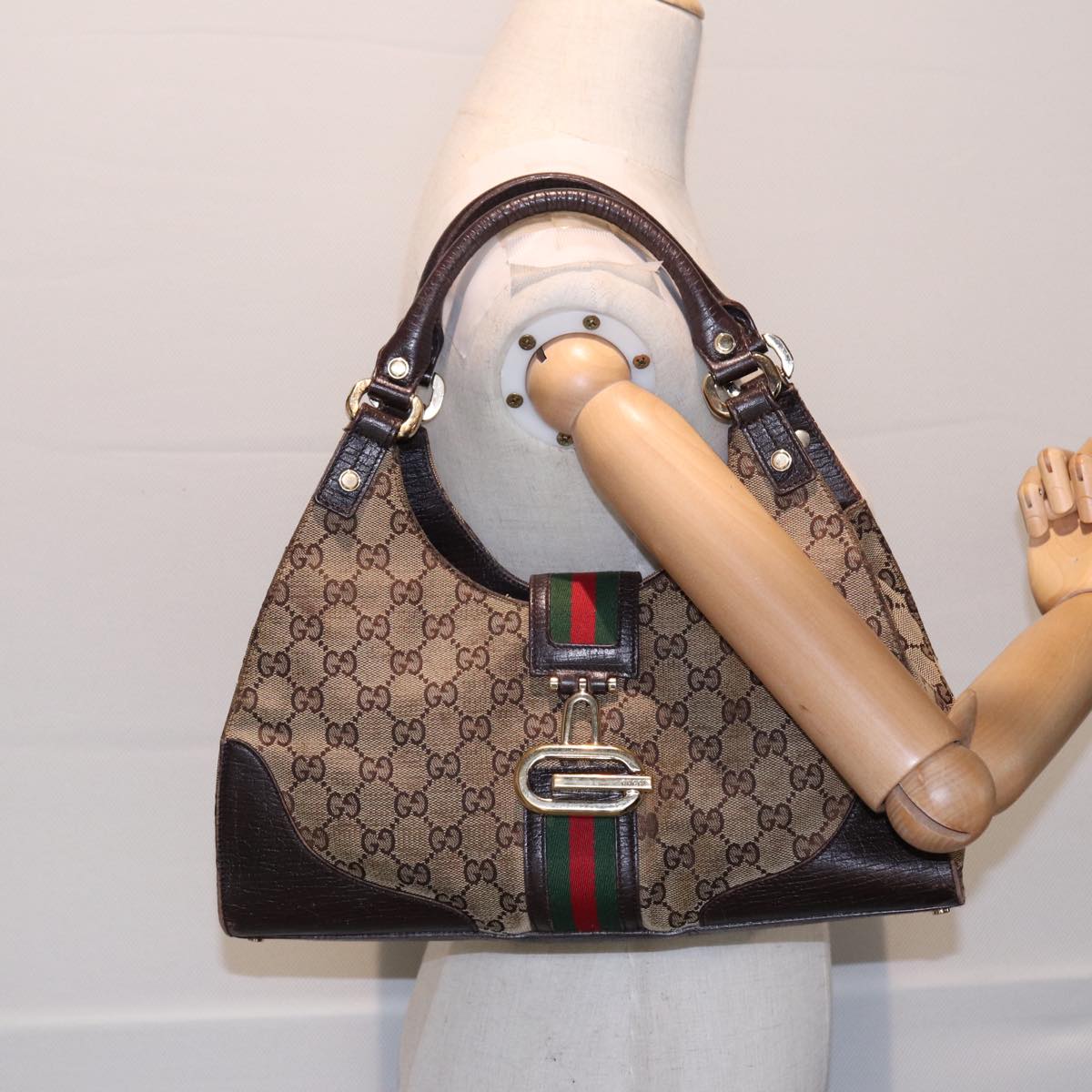 GUCCI GG Canvas WebSherry Line Jackie Shoulder Bag Beige Gold 130995 Auth 87296