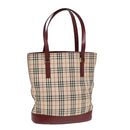 BURBERRY Nova Check Tote Bag Canvas Leather Beige Bordeaux Auth 87306-1