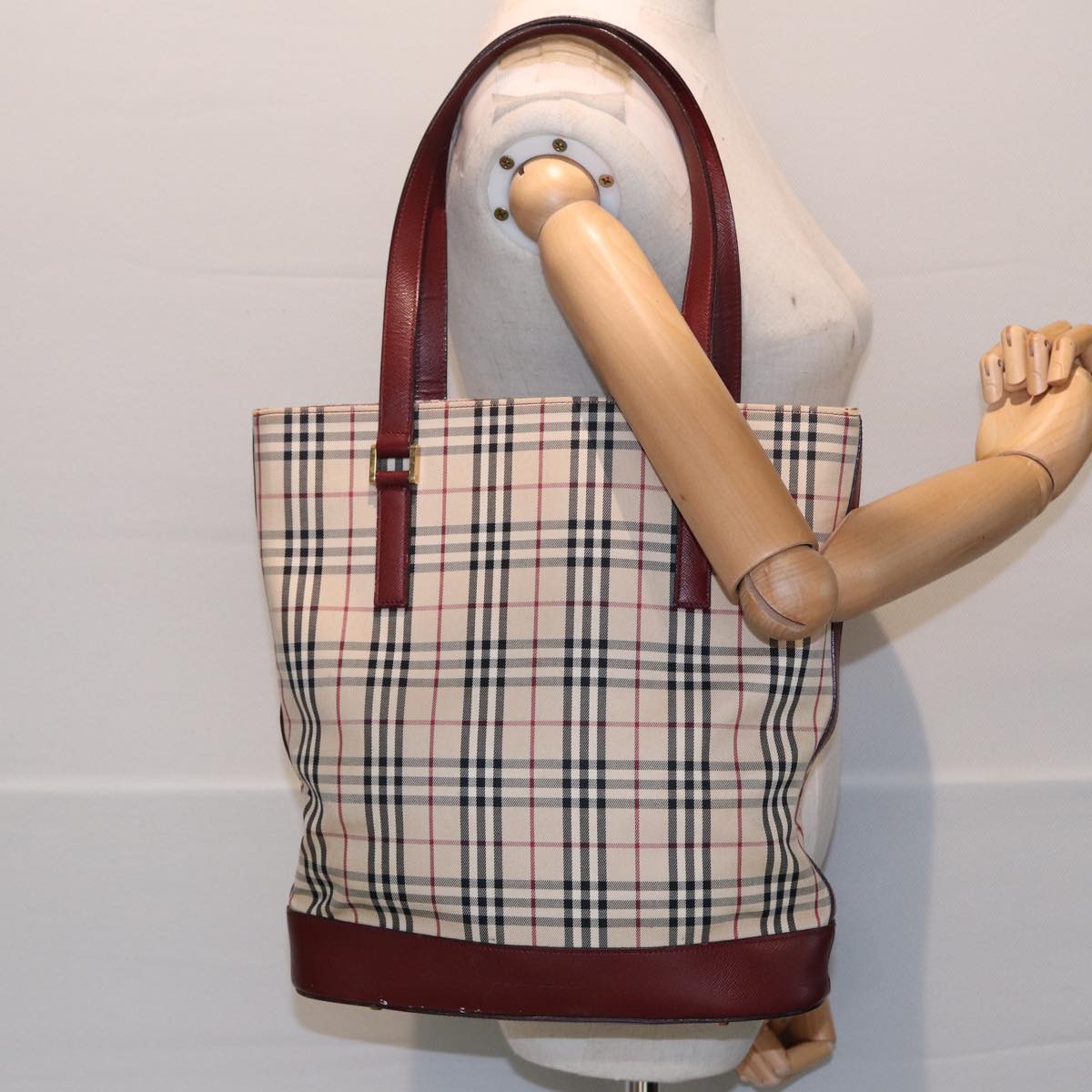 BURBERRY Nova Check Tote Bag Canvas Leather Beige Bordeaux Auth 87306