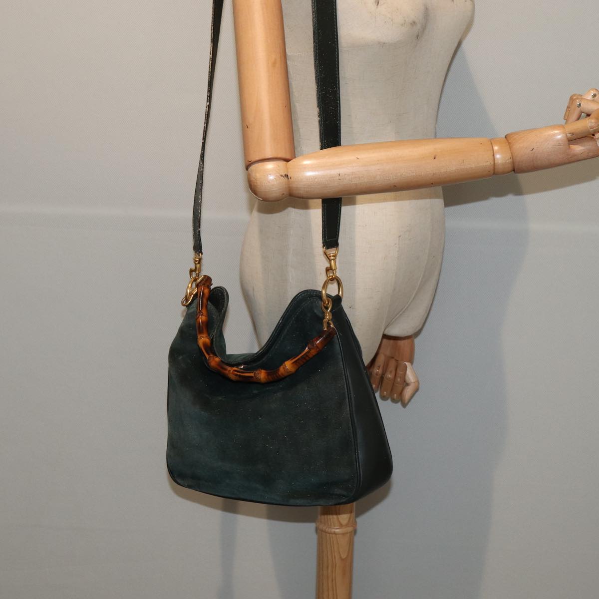 GUCCI Bamboo Hand Bag Suede 2way Green Auth 87329