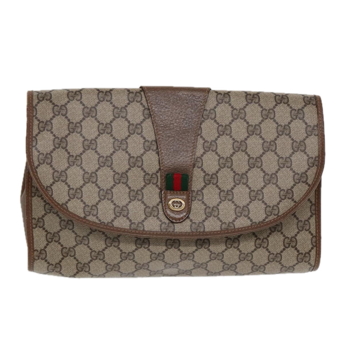 GUCCI GG Supreme Web Sherry Line Clutch Bag PVC Beige Gold 89 01 031 Auth 87331 - 0