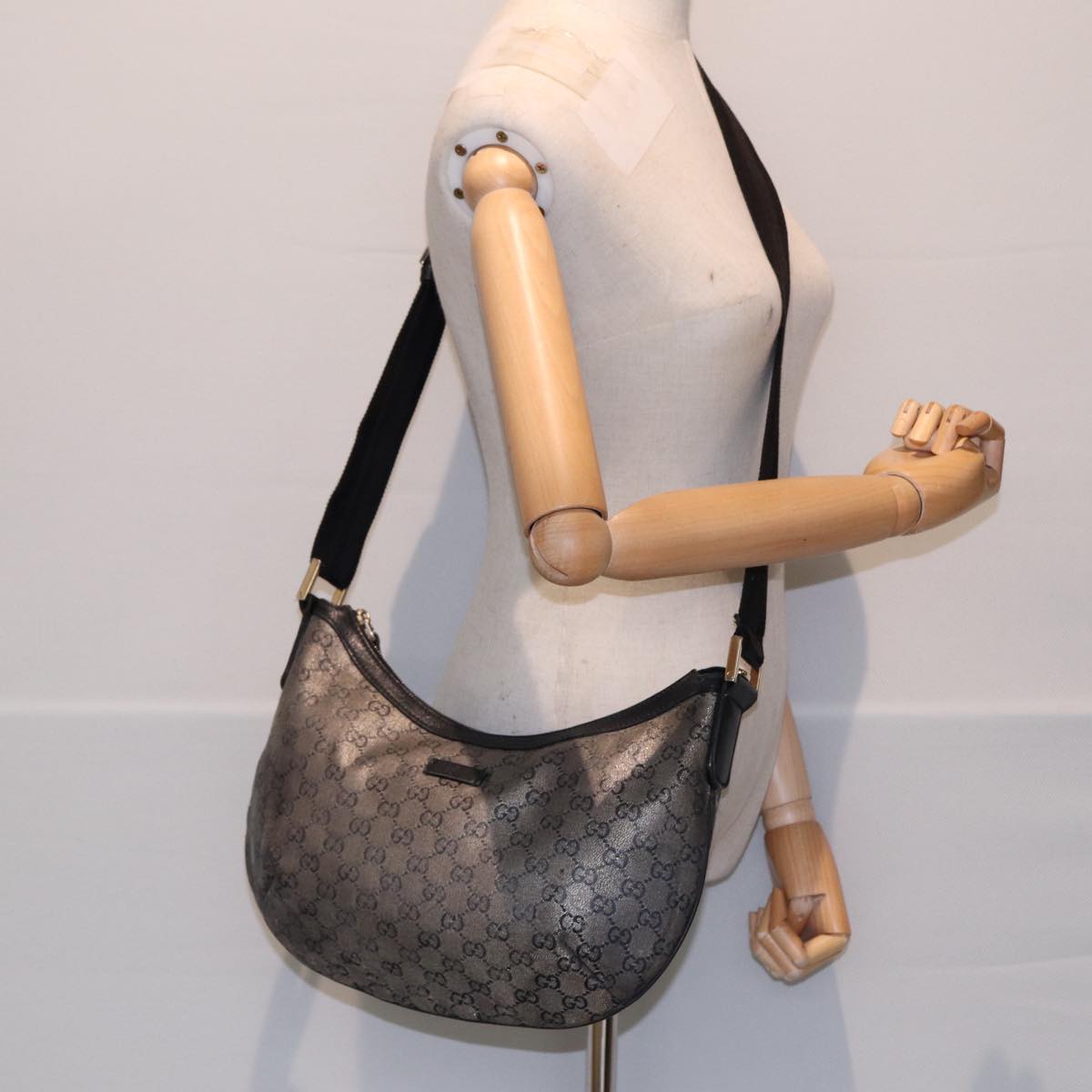 GUCCI GG Crystal Shoulder Bag Coated Canvas Silver Black 181092 Auth 87343