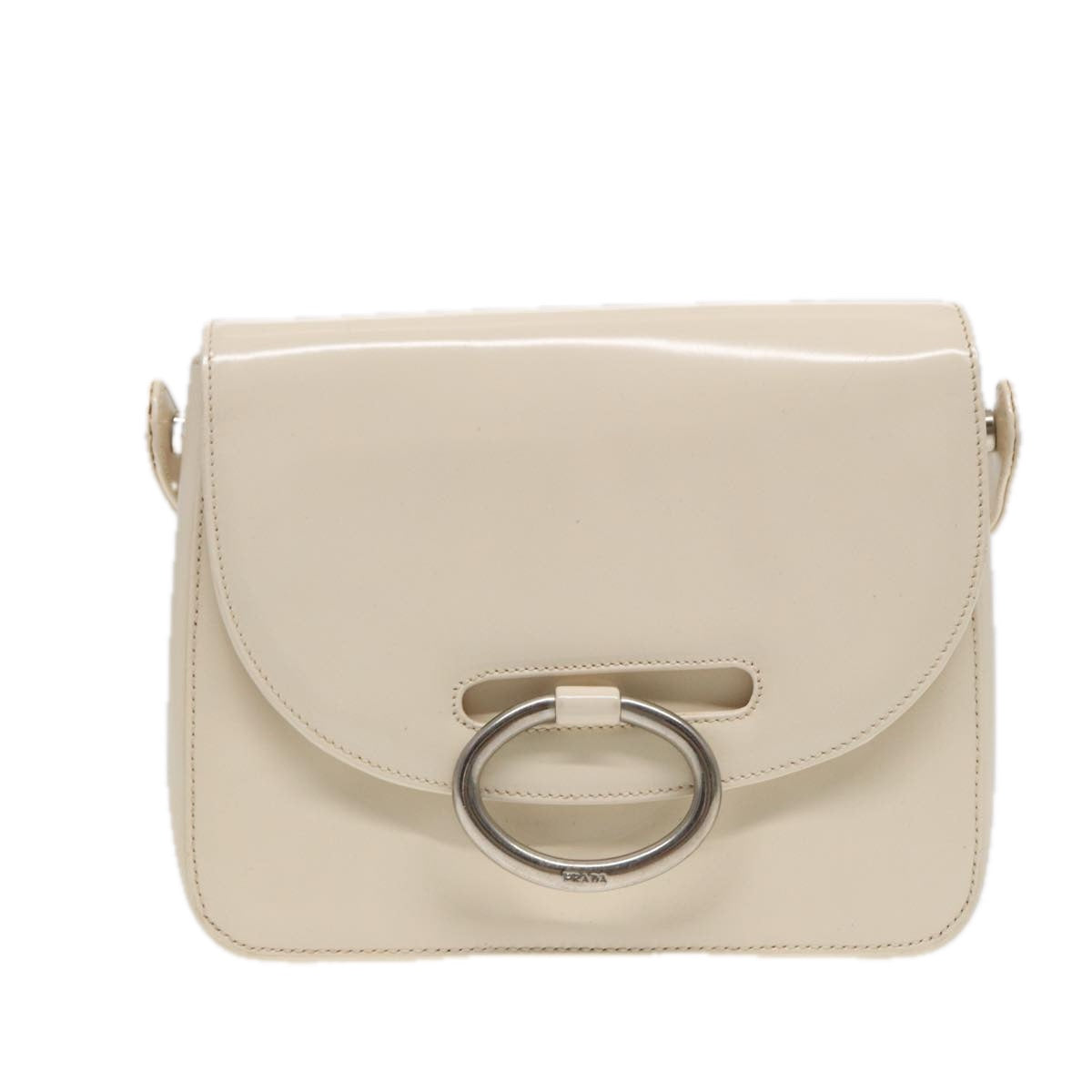 PRADA Shoulder Bag Patent leather White Silver Auth 87362