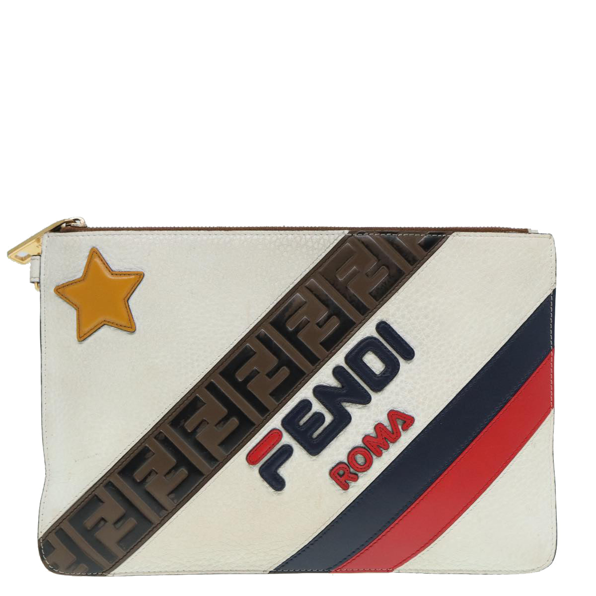 FENDI FILA Collaboration Clutch Bag Leather Beige Gold Auth 87366