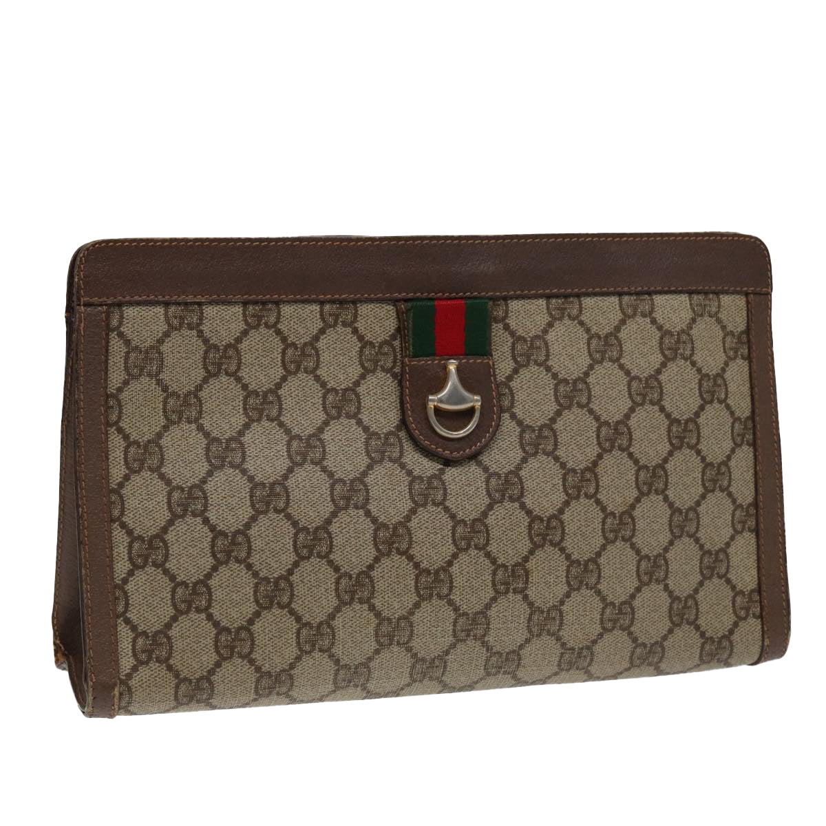 GUCCI GG Supreme Web Sherry Line Clutch Bag PVC Beige Red Green Auth 87385