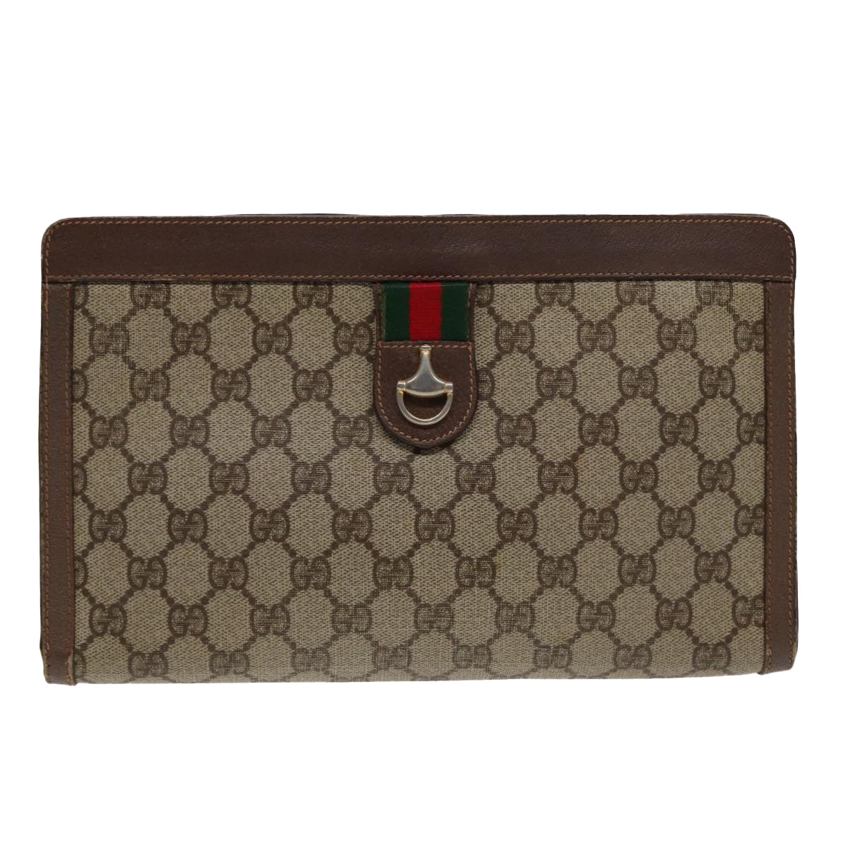 GUCCI GG Supreme Web Sherry Line Clutch Bag PVC Beige Red Green Auth 87385