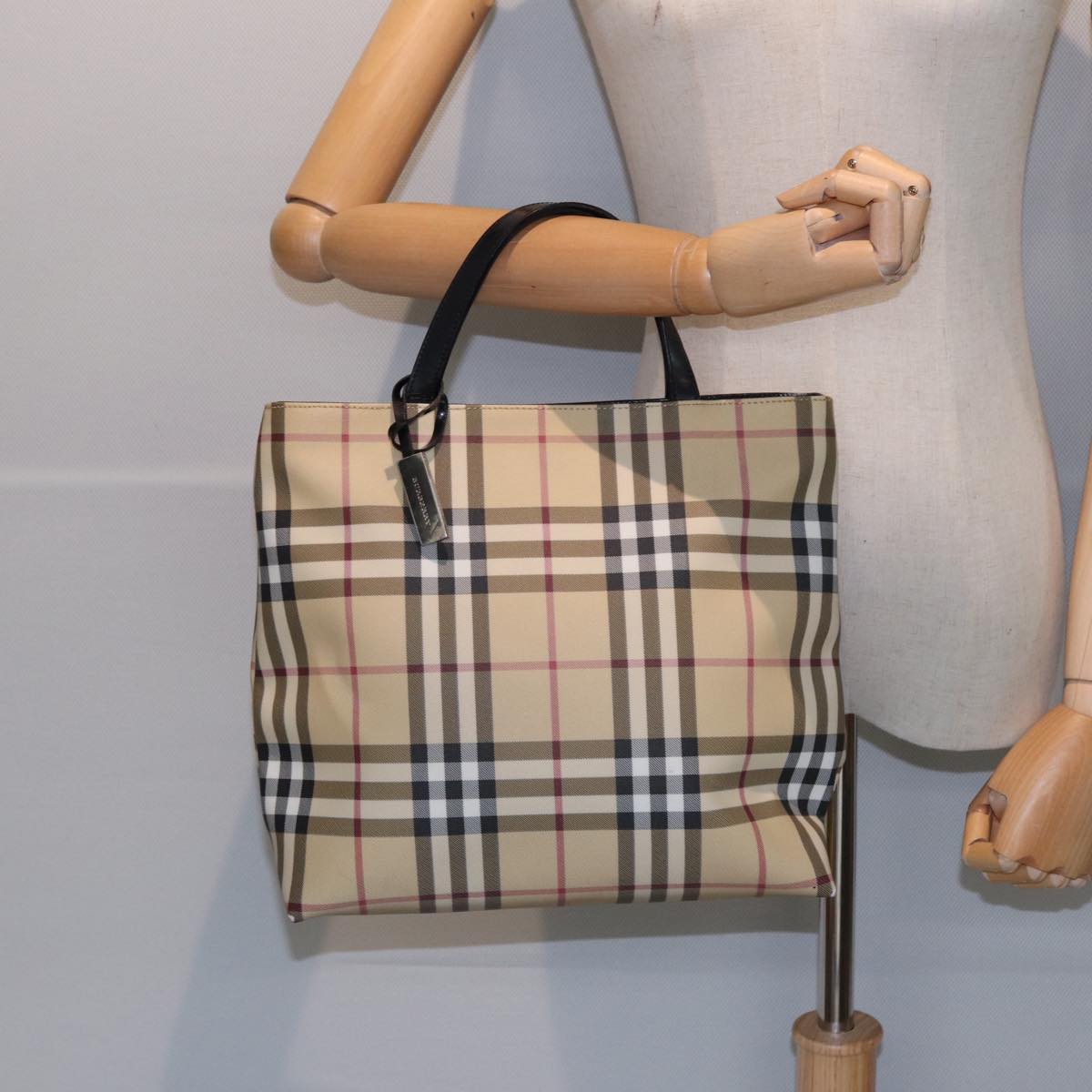 BURBERRY Nova Check Hand Bag PVC Beige Silver Auth 87437