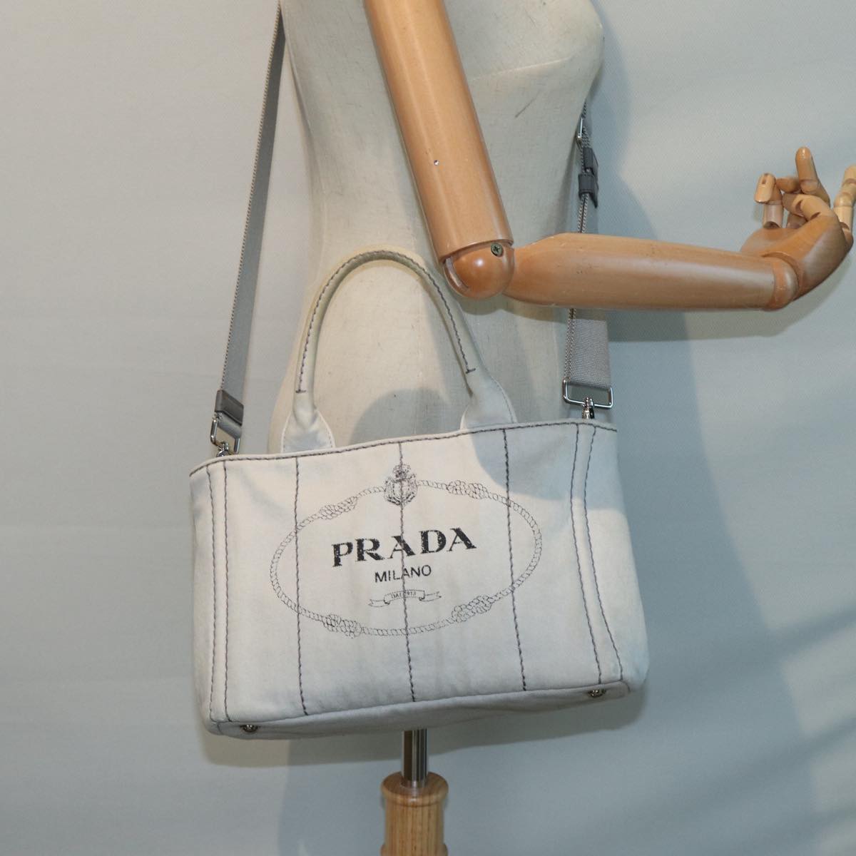 PRADA Canapa PM Hand Bag Canvas 2way Gray Silver Auth 87440