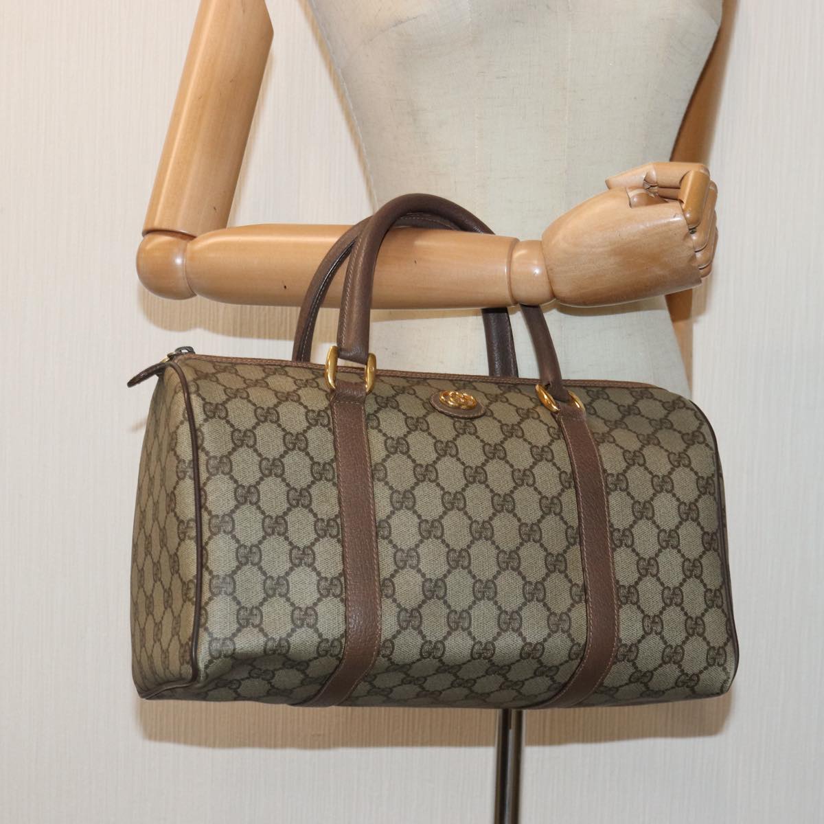 GUCCI GG Canvas Boston Bag PVC Leather Beige Auth 87620