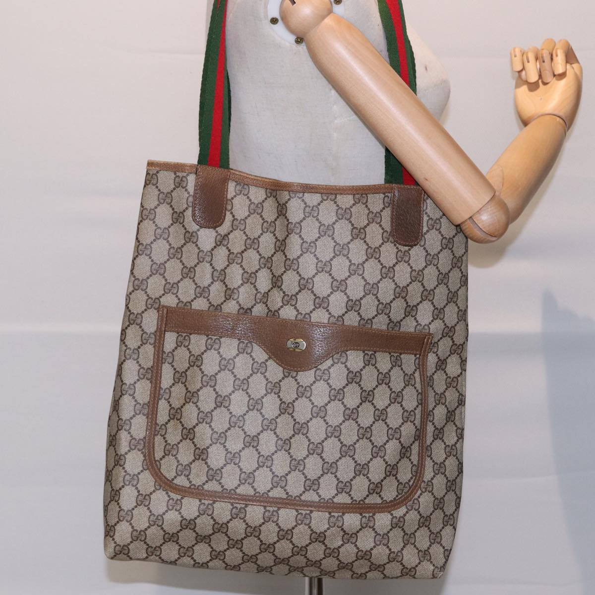 GUCCI GG Supreme Web Sherry Line Tote Bag PVC Beige Red 40 02 003 Auth 87629