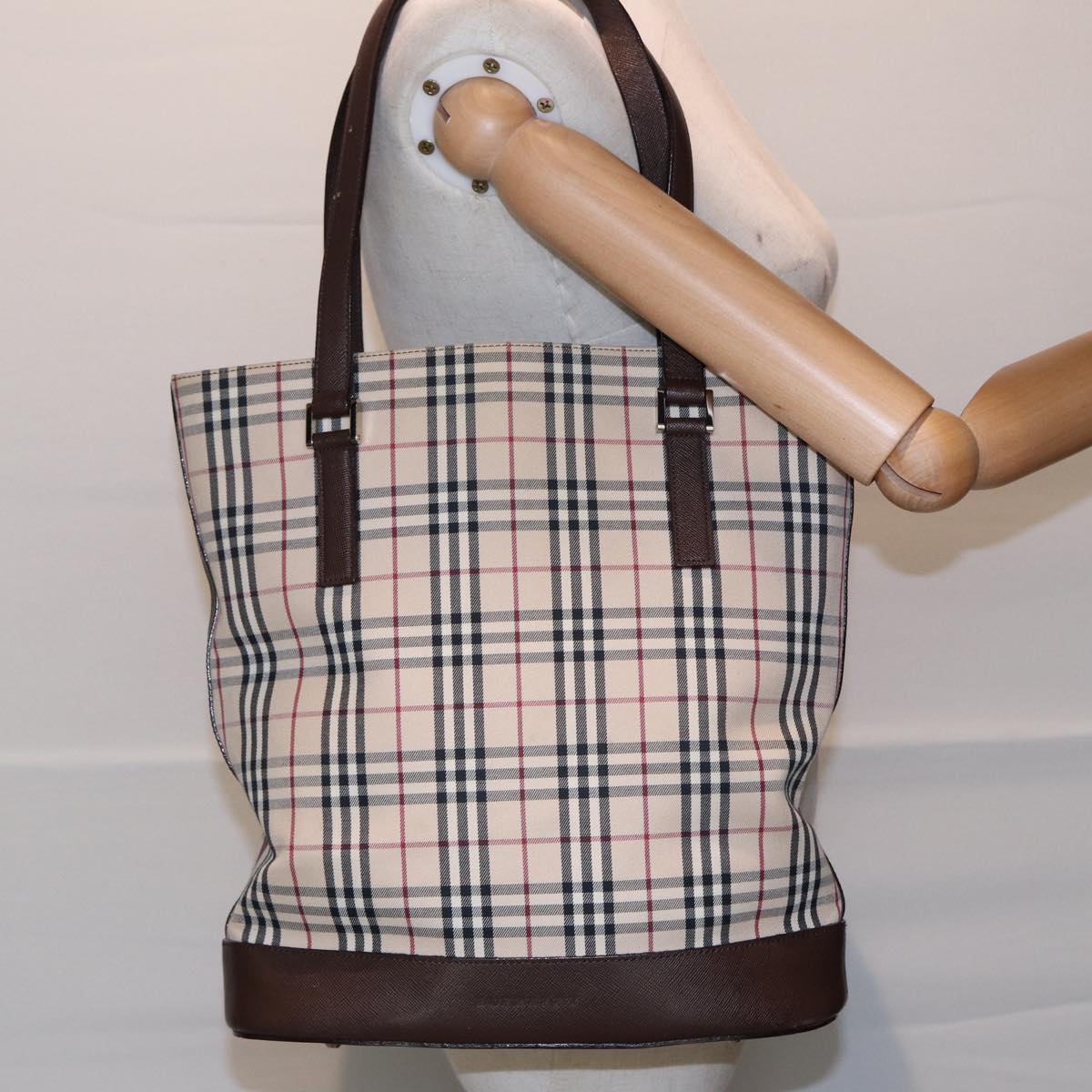 BURBERRY Nova Check Tote Bag Canvas Beige Brown Silver Auth 87632