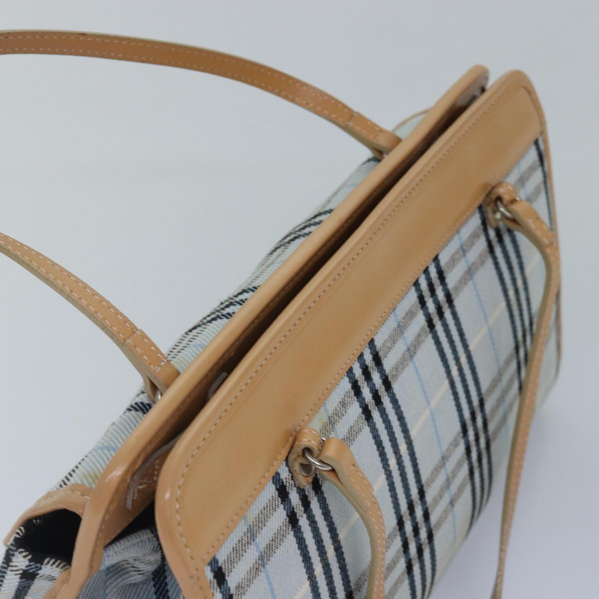 BURBERRY Nova Check Blue Label Hand Bag Canvas Light Blue Beige Auth 87639