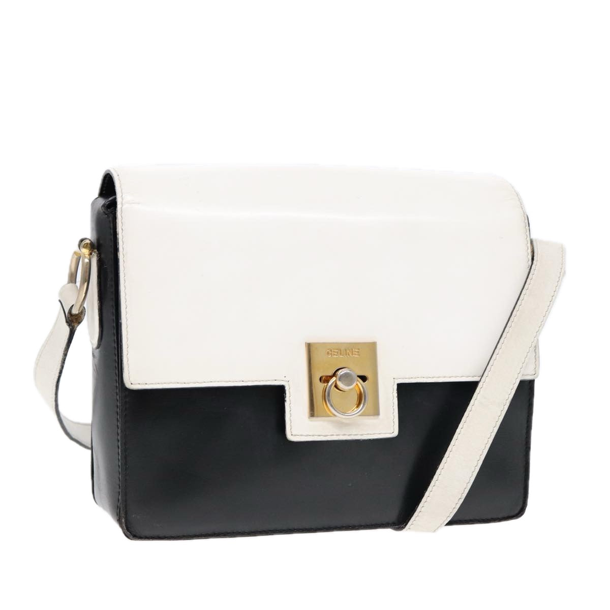 CELINE Shoulder Bag Leather White Black Auth 87642