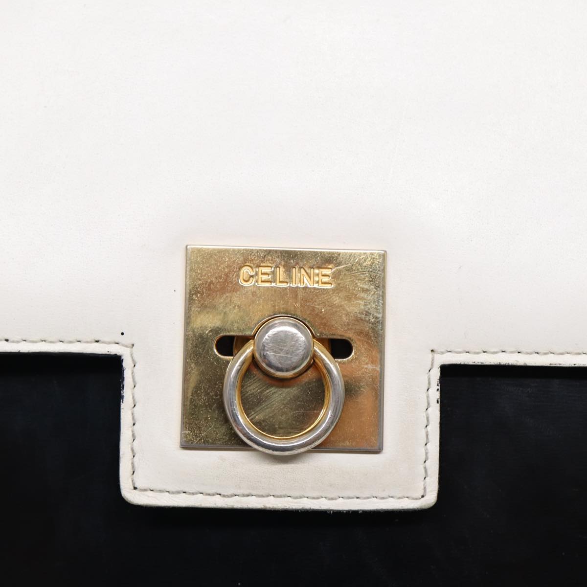 CELINE Shoulder Bag Leather White Black Auth 87642