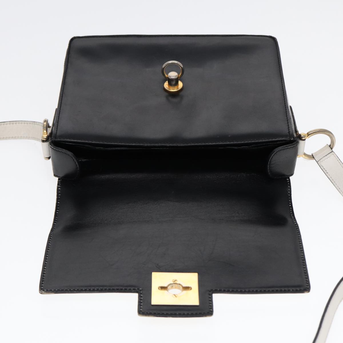 CELINE Shoulder Bag Leather White Black Auth 87642