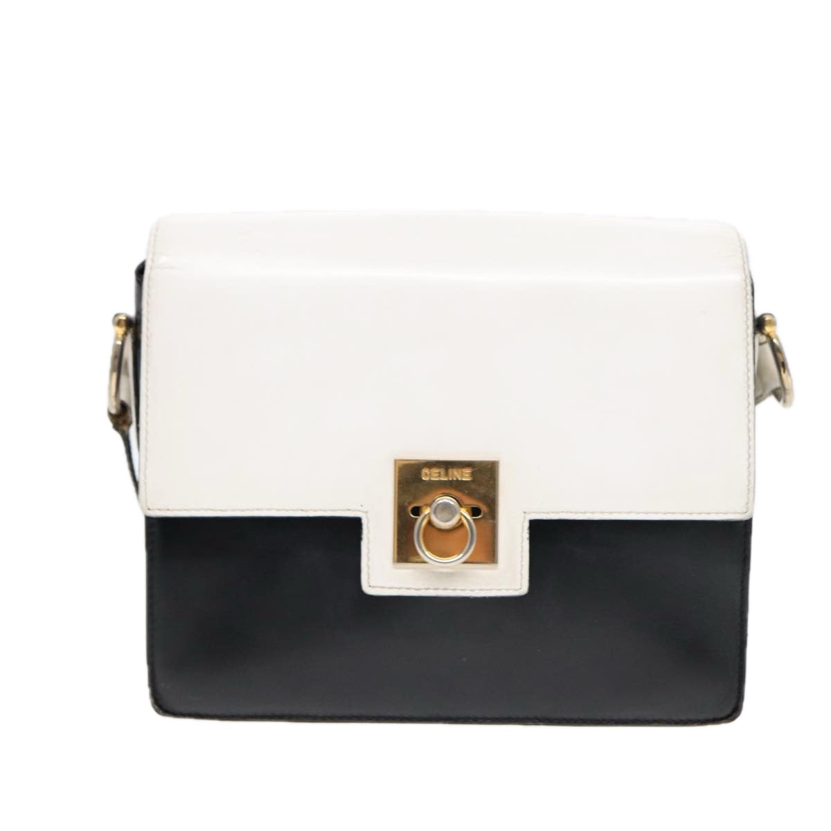 CELINE Shoulder Bag Leather White Black Auth 87642 - 0