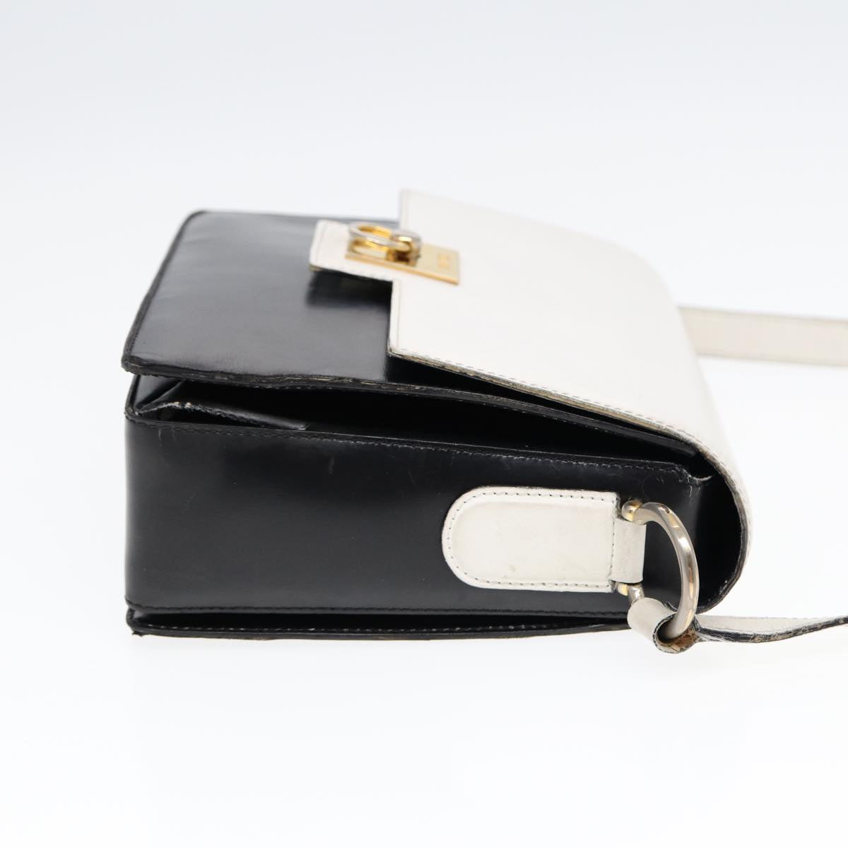 CELINE Shoulder Bag Leather White Black Auth 87642