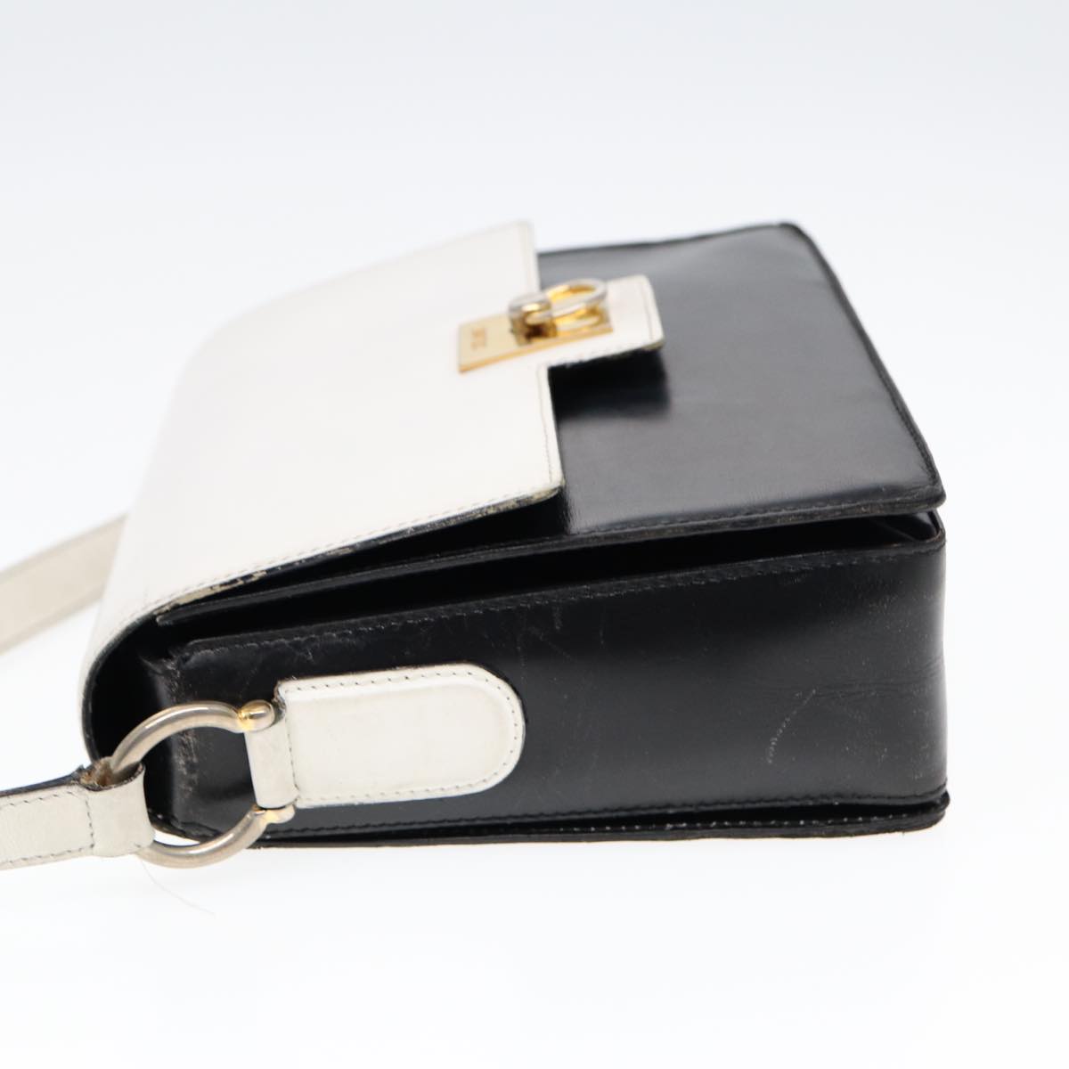 CELINE Shoulder Bag Leather White Black Auth 87642