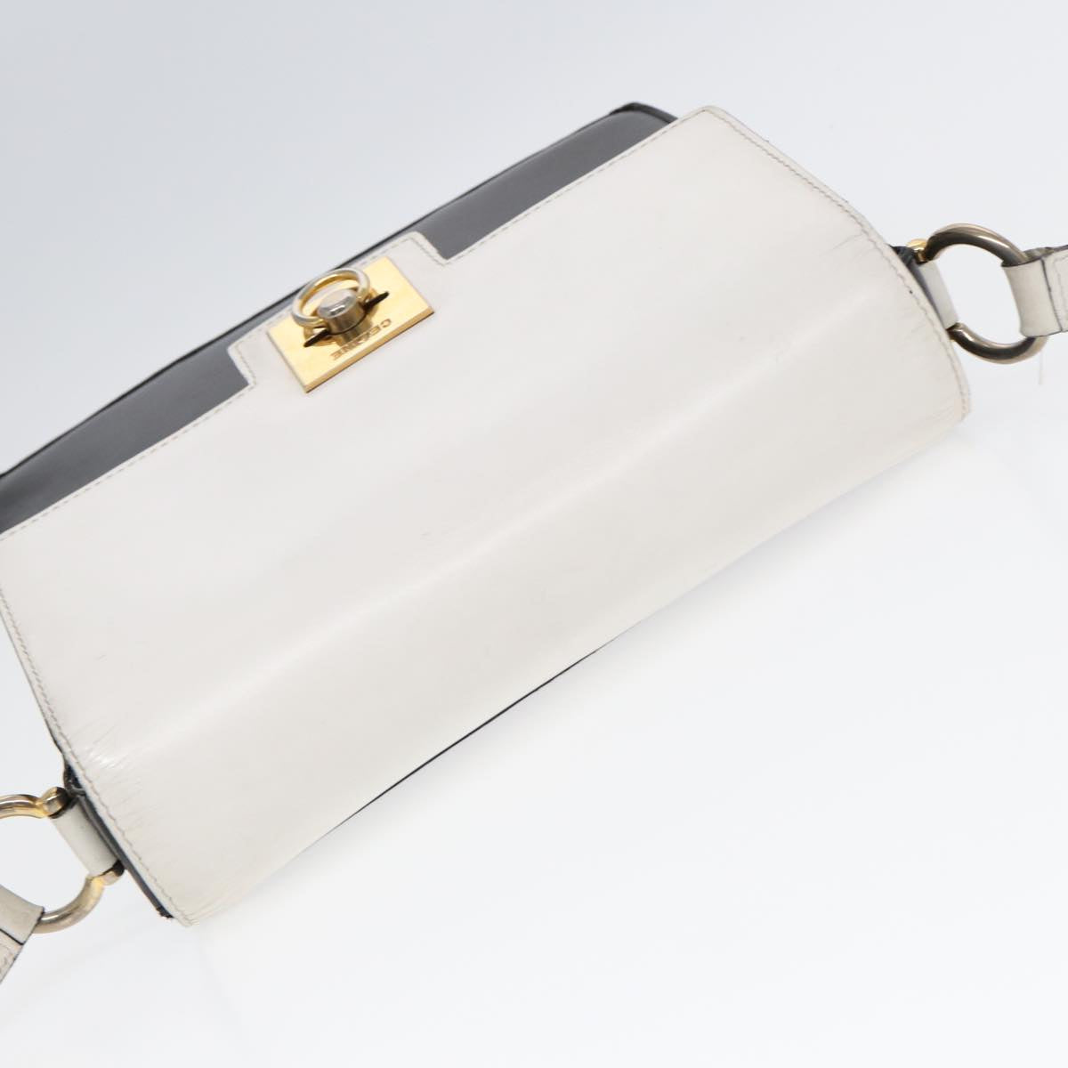 CELINE Shoulder Bag Leather White Black Auth 87642