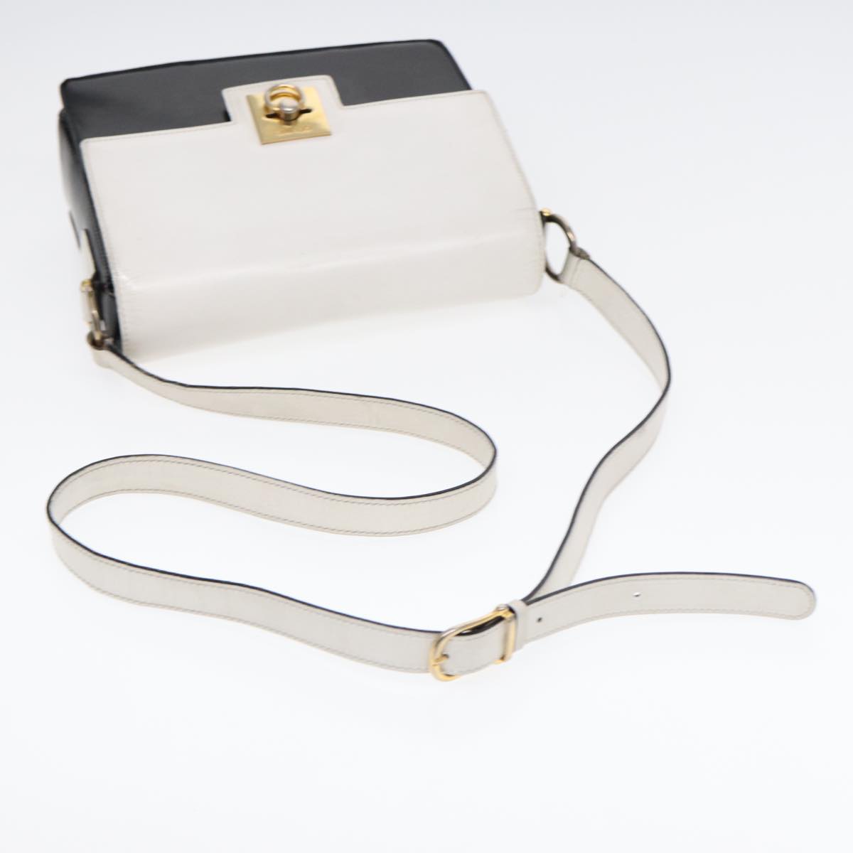 CELINE Shoulder Bag Leather White Black Auth 87642