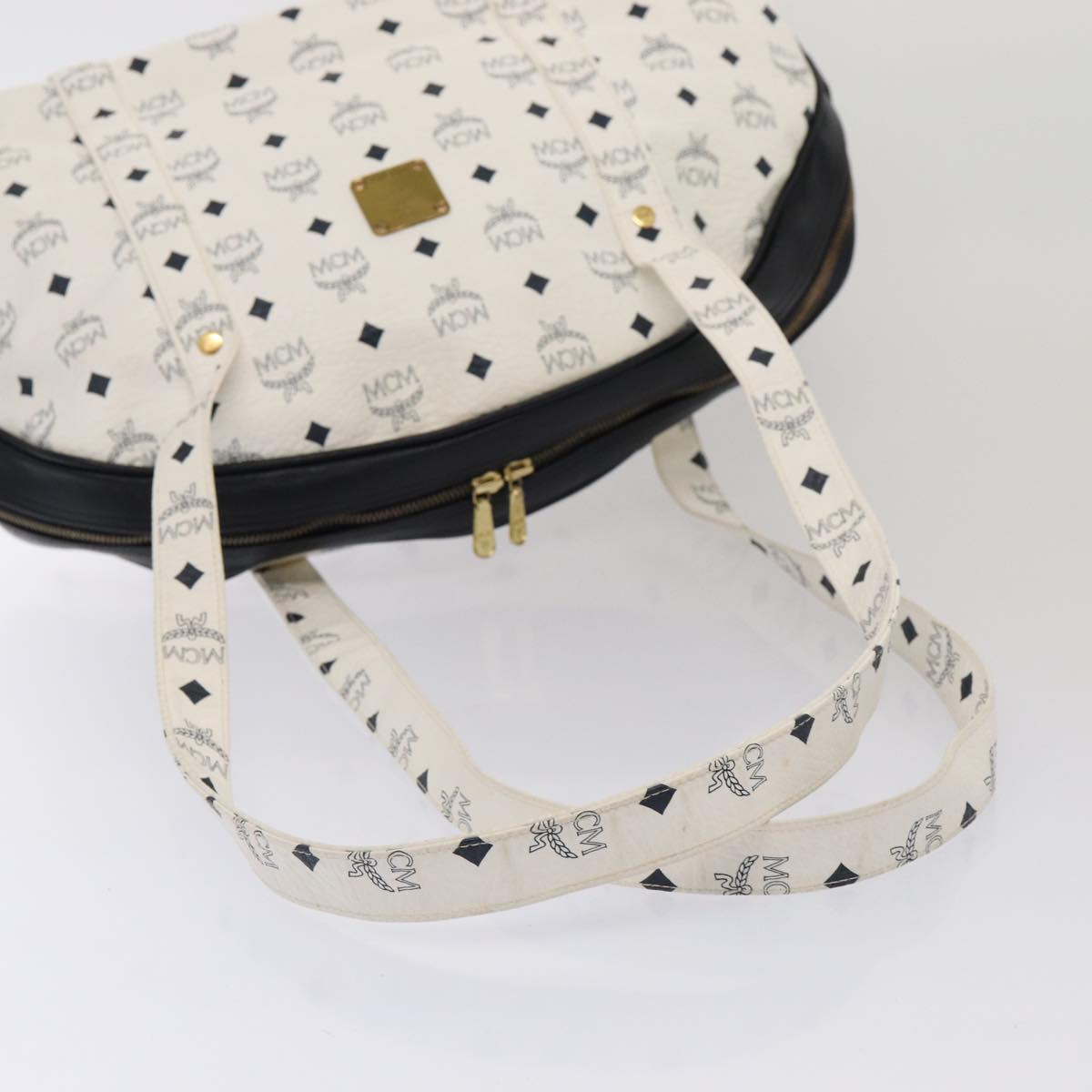 MCM Vicetos Logogram Shoulder Bag PVC Leather White Black gold Auth 87648