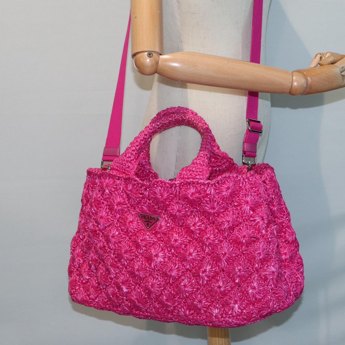 PRADA Canapa GM Hand Bag Raffia 2way Pink Auth 87669A