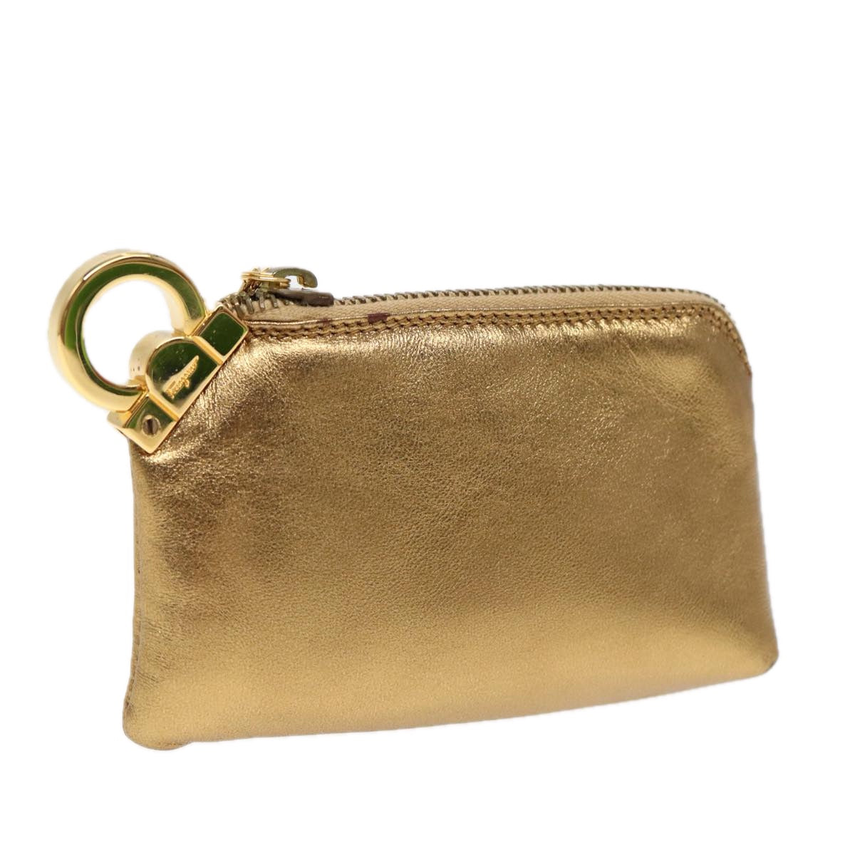 Salvatore Ferragamo Gancini Coin Purse Leather Gold Auth 87699