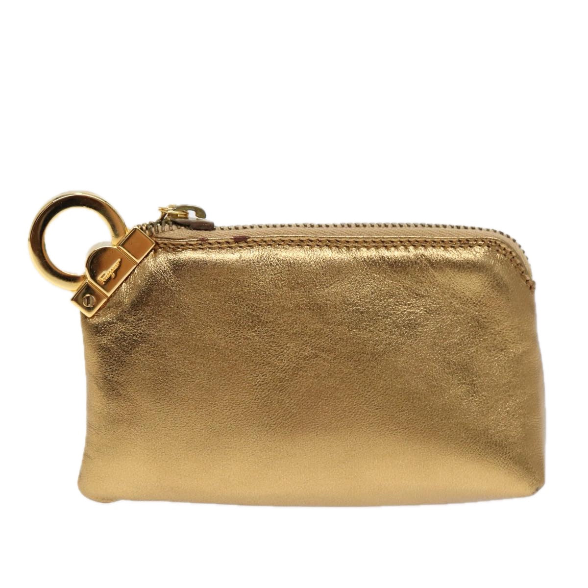 Salvatore Ferragamo Gancini Coin Purse Leather Gold Auth 87699