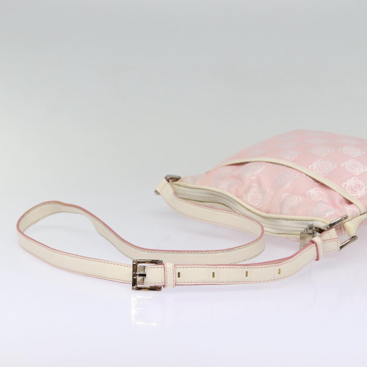 LOEWE Anagram Shoulder Bag Canvas Leather Pink White Silver Auth 87736