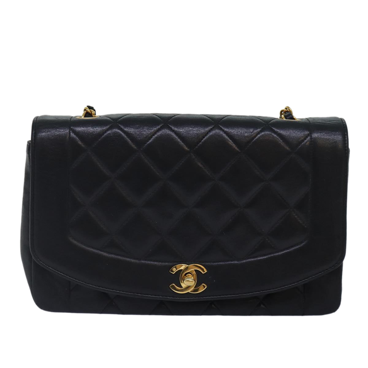 CHANEL Diana Matelasse Chain Shoulder Bag Lamb Skin Black CC Auth 87740A