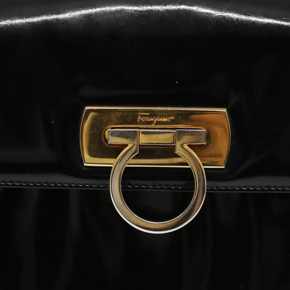 Salvatore Ferragamo Gancini Shoulder Bag Enamel Black Gold Auth 87741