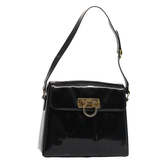 Salvatore Ferragamo Gancini Schultertasche Emaille Schwarz Gold Auth 87741