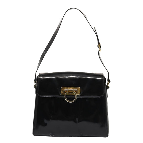 Salvatore Ferragamo Gancini Shoulder Bag Enamel Black Gold Auth 87741