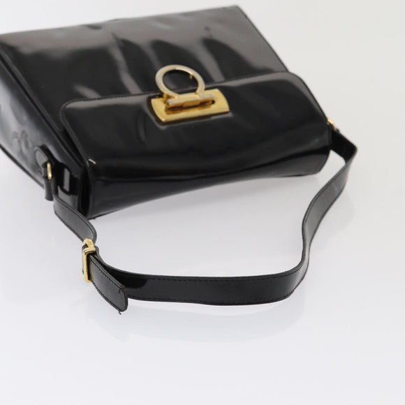 Salvatore Ferragamo Gancini Schultertasche Emaille Schwarz Gold Auth 87741