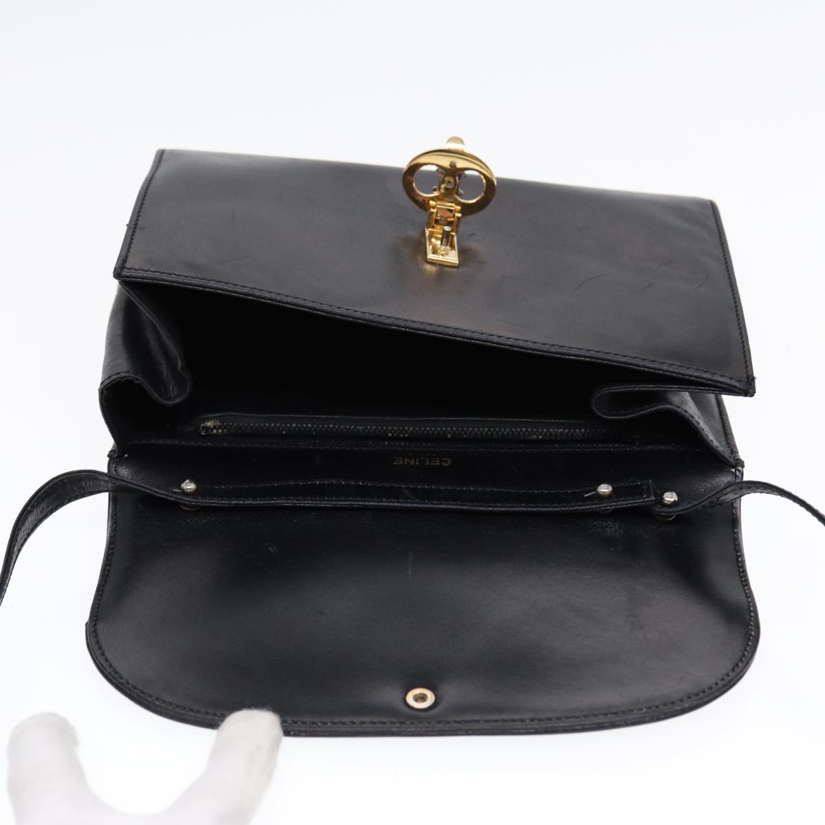 CELINE Shoulder Bag Leather Black Gold Auth 87745