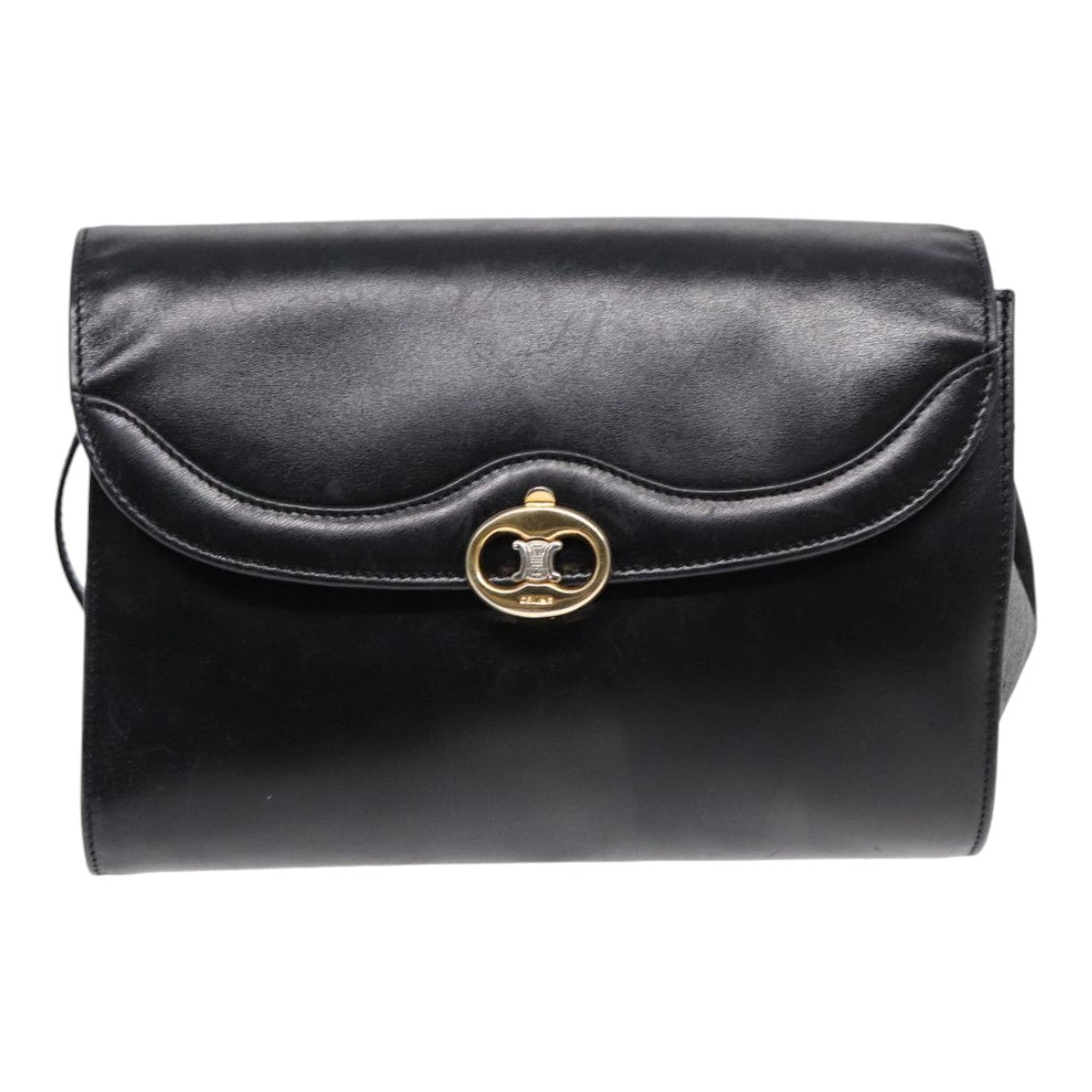 CELINE Shoulder Bag Leather Black Gold Auth 87745