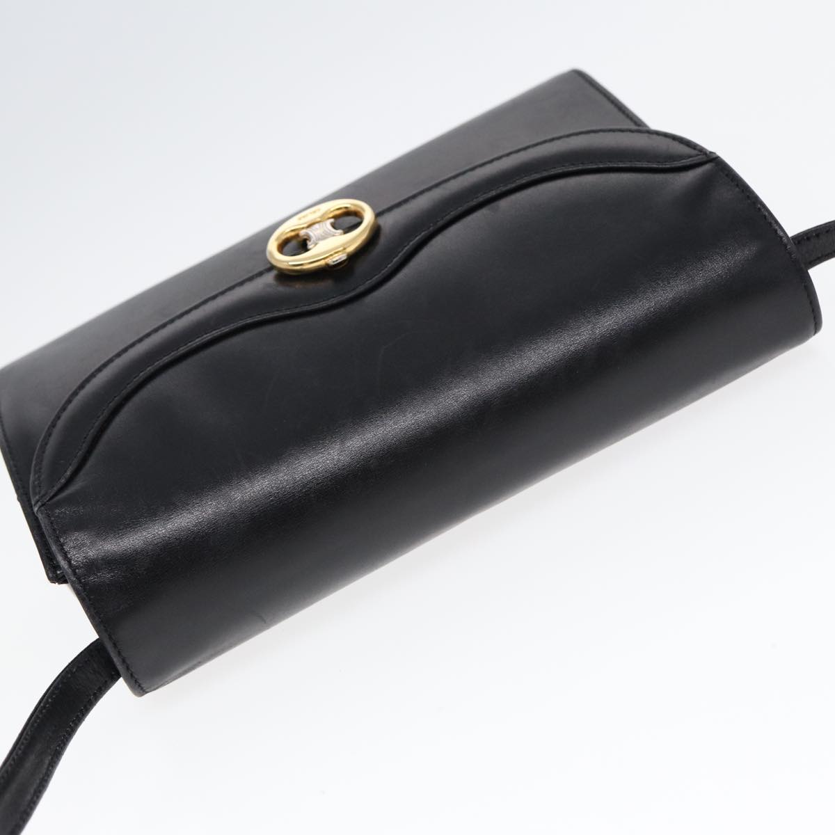 CELINE Shoulder Bag Leather Black Gold Auth 87745