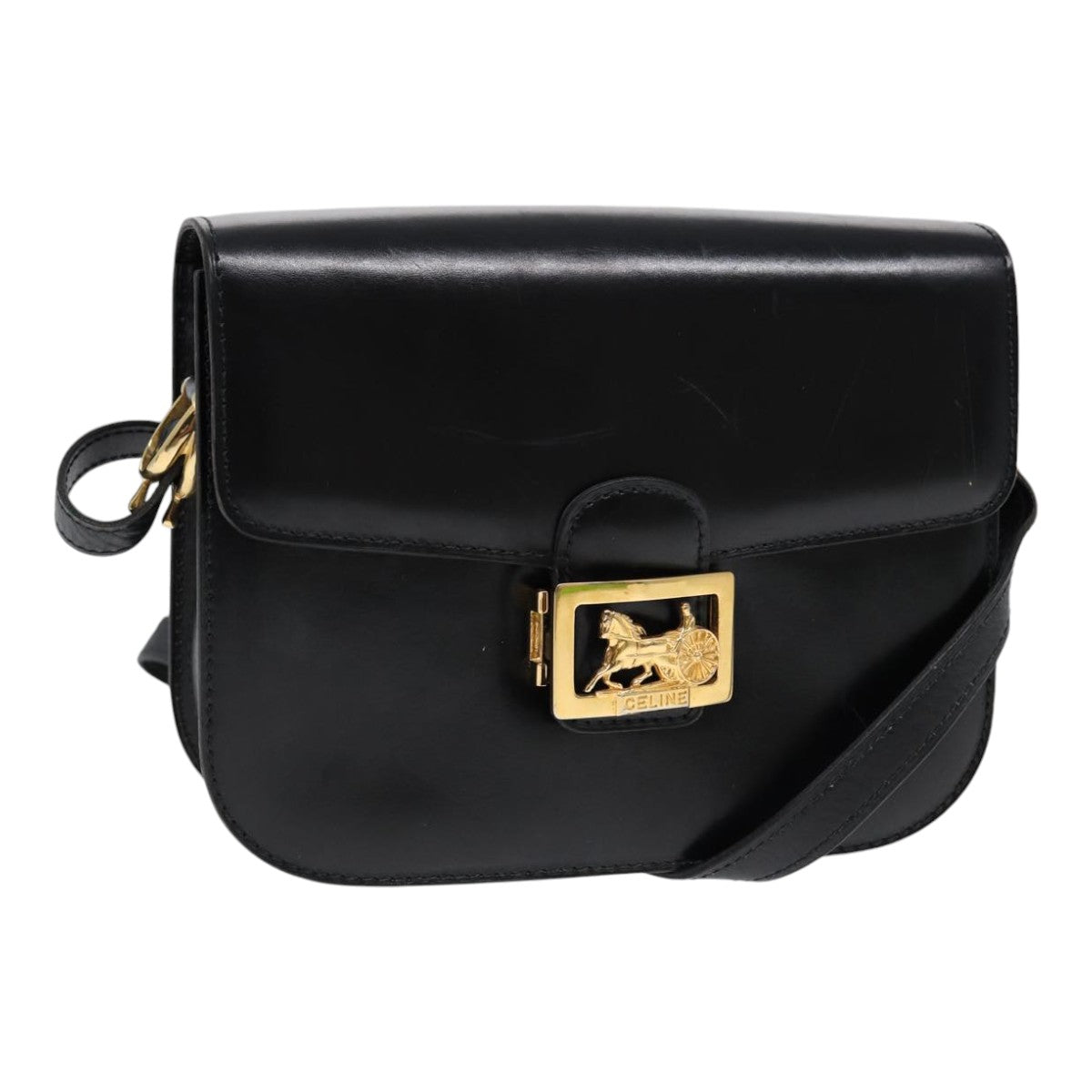 CELINE Shoulder Bag Leather Black Gold Auth 87746