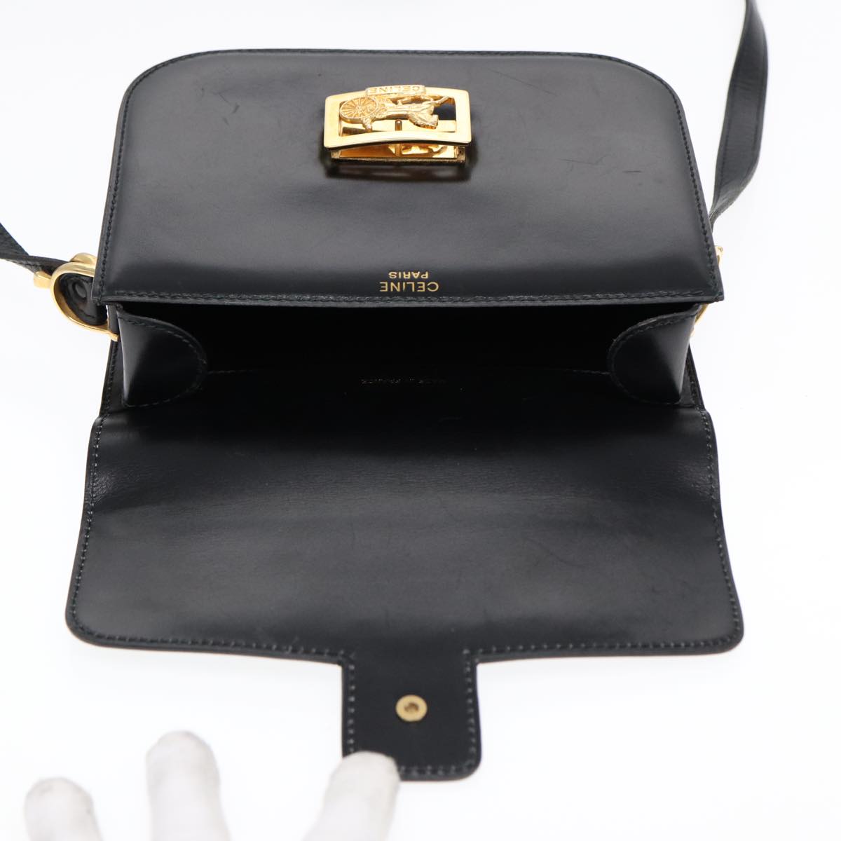 CELINE Shoulder Bag Leather Black Gold Auth 87746